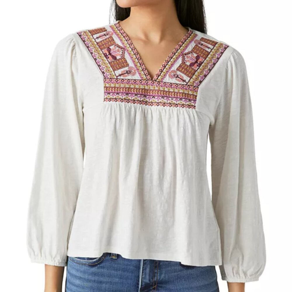 Lucky Brand Women's 100% Cotton Embroidered 3/4 Sleeves Peasant Top Bohemian- XL